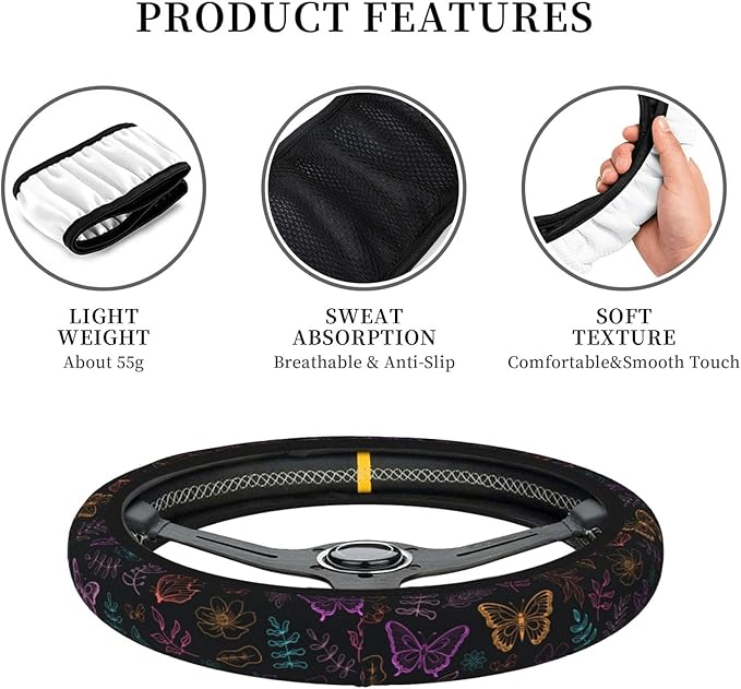 Butterfly Leaves Steering Wheel Cover for Women Men Girls, Car Accessories Decor Thickened Anti-Slip Auto Steering Wheel Covers Protector Universal Fit 15 Inch for Cars, Truck, SUV