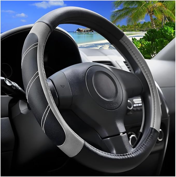 Car Steering Wheel Cover, 14.5-15" Non-Slip Leather Sporty Vehicle Steering Wheel Protector, Breathable Auto Interior Decoration Accessories, Universal for Van Truck Sedan (Black/Gray)