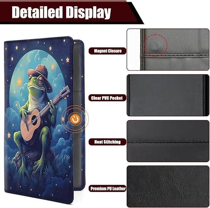 Car Registration and Insurance Holder, PU Leather Auto Document Holder for Men&Women, Vehicle Glove Box Compartment Organizer with Magnetic Shut for Driver's License, Frog Playing Guitar Pattern