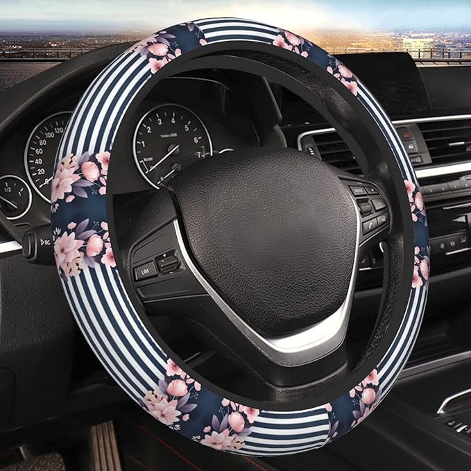Fashion Flower Stripe Neoprene Steering Wheel Covers Women Men Car Accessories, Universal 15 Inch Fit Auto, Suvs, Truck