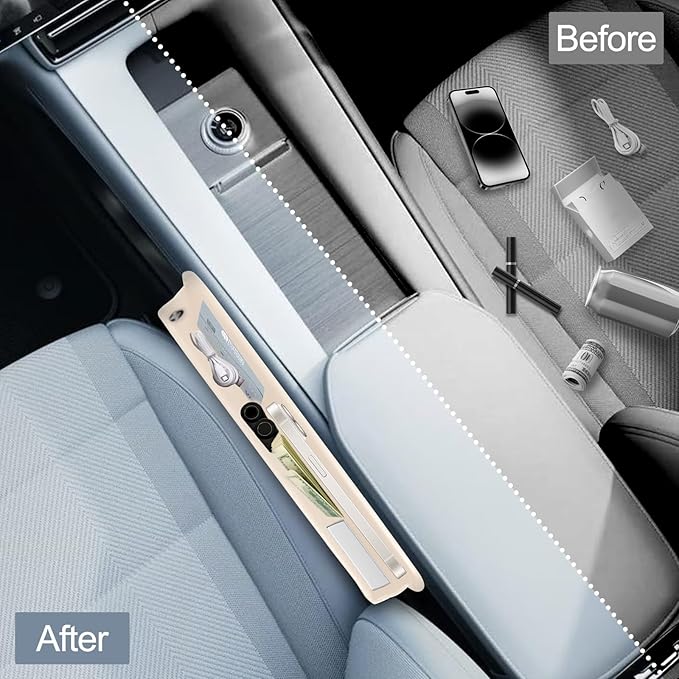 SUYUDSM Car Seat Gap Filler Organizer, Leather Car Seat Gap Filler Seat Storage Box Car Seat Gap Organizer for Phones Cash Keys (Beige 1 Pair)