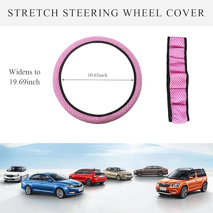 Elastic Steering Wheel Cover, 15"×15" Comfy Breathable Stretch Steering Wheel Protector, Ice-Silk Cloth Polyester Steering Wheel Cover for Men Women, Car Accessories (Pink)