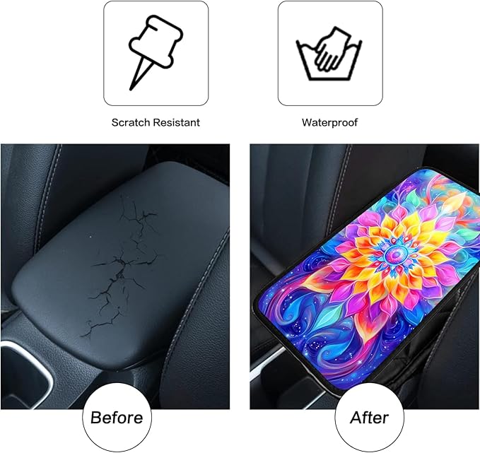 JANENFNA Car Armrest Cover Pads Universal Fashion Cute Auto Center Console Armrest Cover Pad with 2PCS Car Coasters Soft Waterproof Car Armrest Seat Protector for Women,Colorful Flower