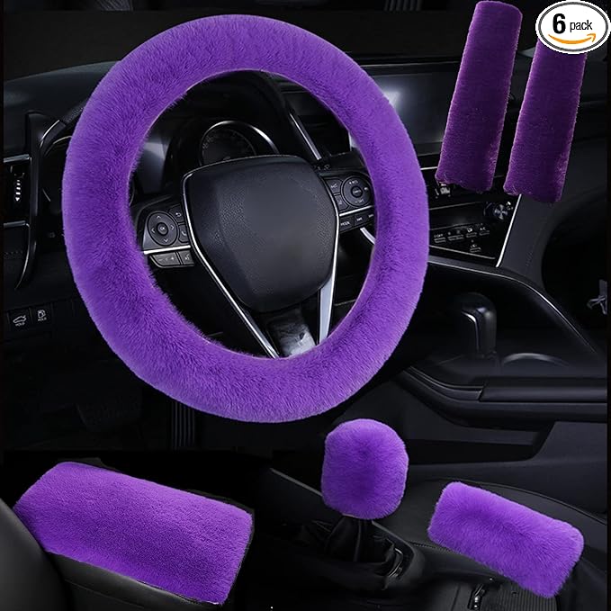 1 Set 6 Pcs Fluffy Car Steering Wheel Cover & Seat Belt Shoulder Pads & Handbrake Cover & Gear Shift Cover Set & Seat Belt Shoulder Pads Faux Wool Universal Fit Car Interior Accessories (Purple)