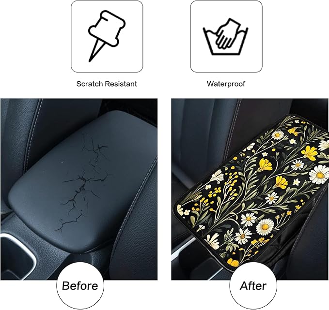 JANENFNA Car Armrest Cover Pads Universal Fashion Cute Auto Center Console Armrest Cover Pad with 2PCS Car Coasters Soft Waterproof Car Armrest Seat Protector for Women,Yellow Flower