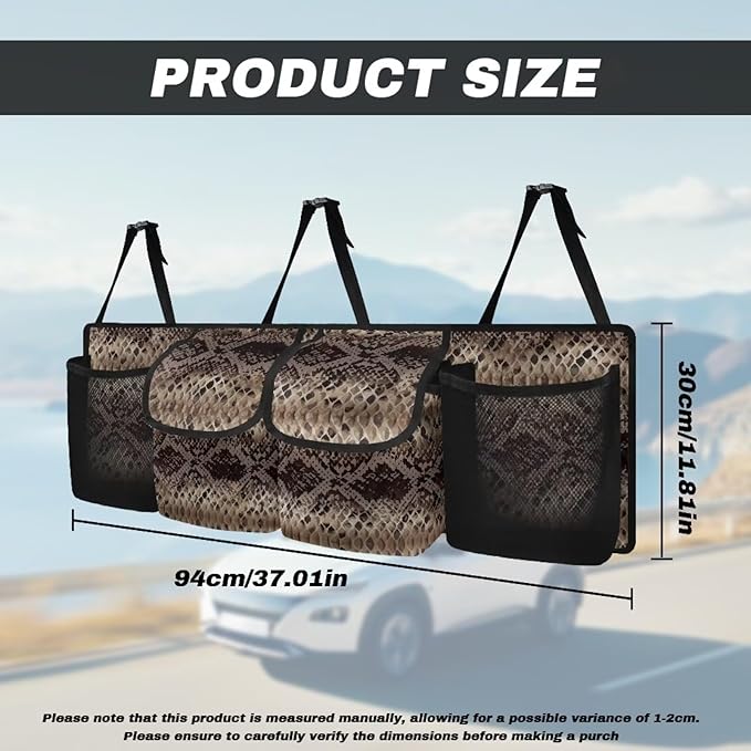 SEANATIVE Brown Snake Skin Back Seat Trunk Organizer Hanging Car Organizer Trunk Foldable Cargo Storage with 4 Large Pockets 3 Adjustable Straps Car Interior Accessories 37.01x11.81inch