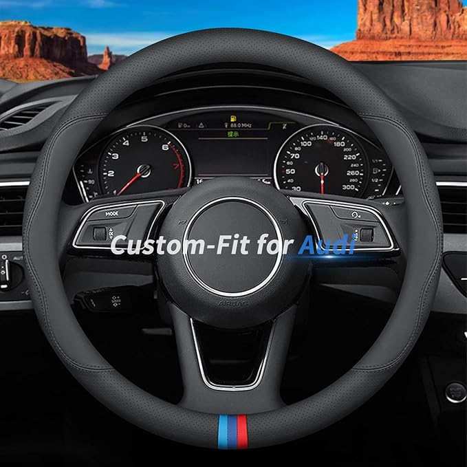Custom-Fit for Audi Steering Wheel Cover, Premium Leather Car Steering Wheel Cover with Logo, Non-Slip, Breathable (D-Style,for Audi)