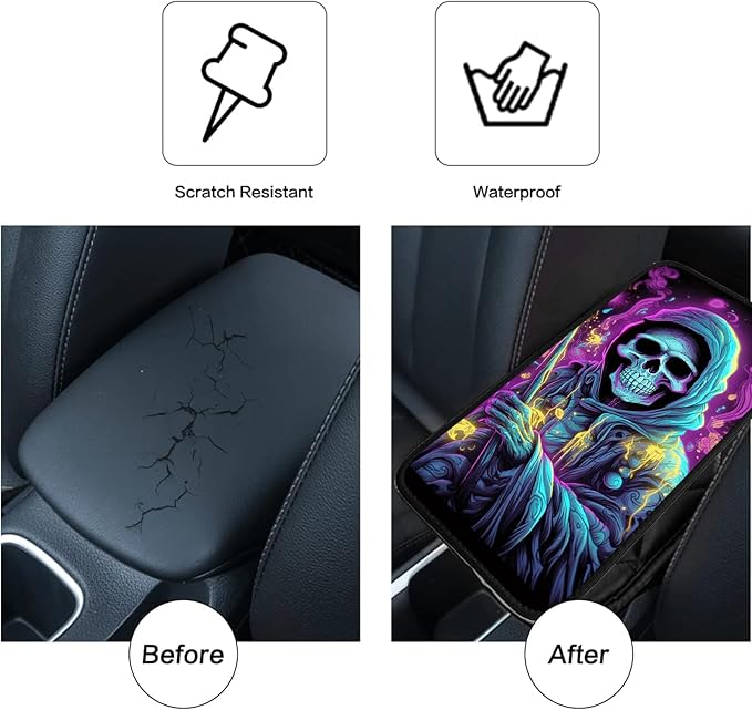 JANENFNA Car Armrest Cover Pads Universal Fashion Cute Auto Center Console Armrest Cover Pad with 2PCS Car Coasters Soft Waterproof Car Armrest Seat Protector for Women,Skull Death