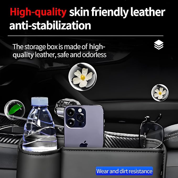 Car Seat Gap Filler Organizer, Universal Premium Leather Seat Organizer with Cup Holder, Seat Gap Storage Box with Bottle Holder, Car Leather Gap Bag Front Center Console Seat (Passenger Side)