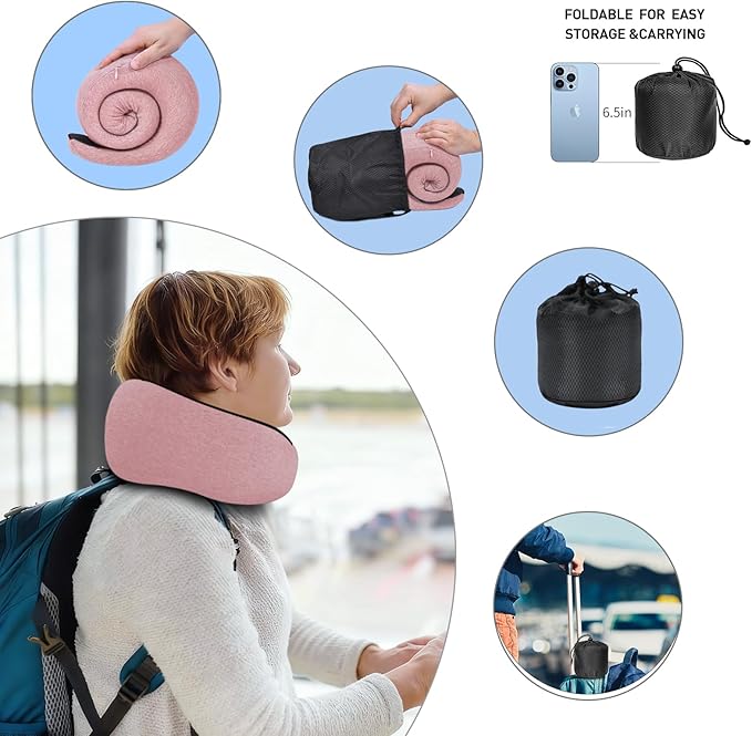 Dujuanus Neck Travel Pillows for Airplanes Memory Foam Neck Comfort Pillow Compact Ergonomic Design Sleeping Essentials for Long Flights Car Rides and Home Use (Pink)