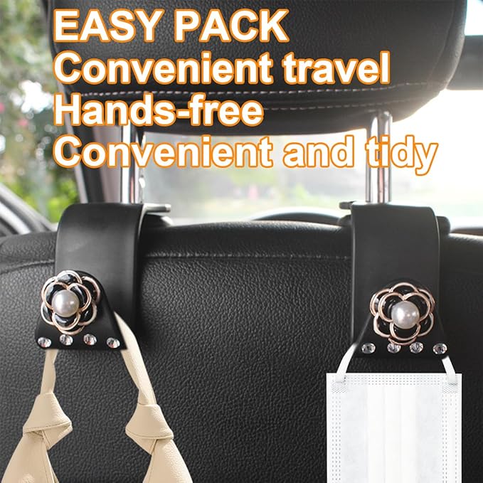 Bling Car Seat Headrest Hook, 2PCS Crystal Rhinestone Vehicle Purse Bags Holder, Diamond Automotive Interior Backseat Storage Hanger Accessories, Universal for SUV, Sedan, Truck (Black)