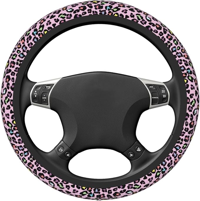 Pink Leopard Print Neoprene Steering Wheel Cover for Men Women Anti-Slip Elastic Steering Wheel Protective Cover 15in Universal Car Accessories Fit Cars, SUVs, Auto