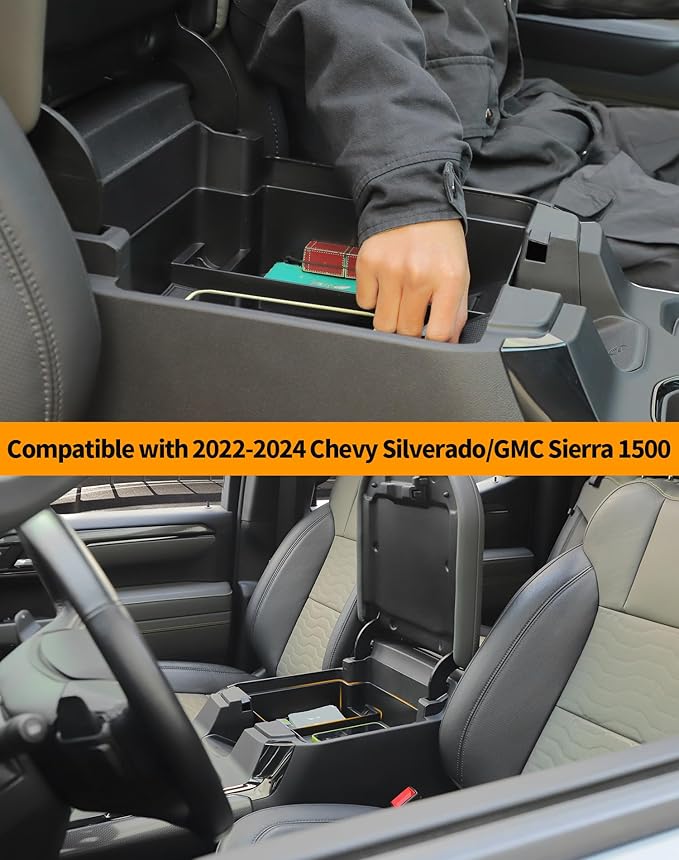 Hoolcar Center Console Organizer for 2022-2025 Chevy Silverado/GMC Sierra 1500 Middle Console Armrest Storage Box Tray Organizer (Full Console w/Bucket Seats ONLY), Black