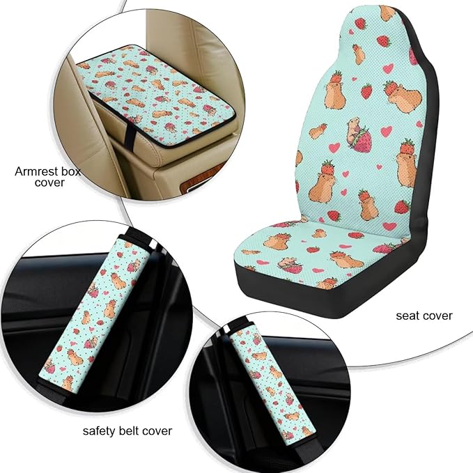 Qeluxign 5 Pieces Car Seat Cover Full Set, Capybara Strawberry Heart Seat Covers Car Seatbelt Pads Vehicle Center Console Armrest Cover Pad for Truck SUV Sedan Automotive Interior Accessorie