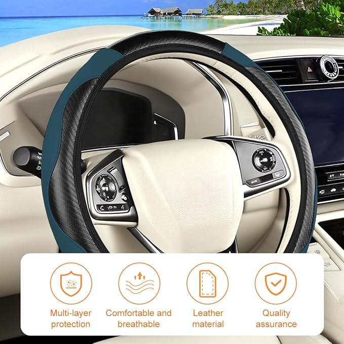 Carbon Fiber Car Steering Wheel Cover, 14.5-15 Inch Elastic Stretch Steering Wheel Guard, Sports Style Non-Slip Automotive Interior Accessories, Universal for Vehicles (Dark Green)