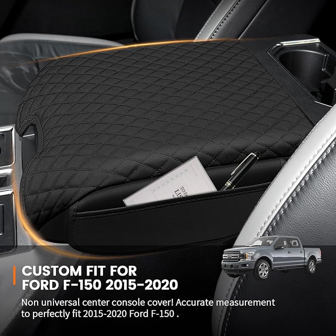 Custom Fit for Center Console Cover 2015-2020 Ford F150, 2017-2022 F250 F350 F450, 2018-2024 Ford Expedition PU Leather Armrest Cover Protector (Bucket Seat Only)