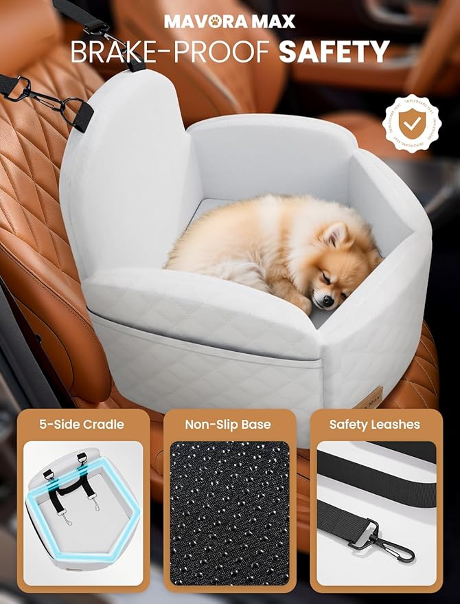 Mavora Max Dog Car Seat for Small/Medium Dogs, Elevated Dog Booster Seat Memory Foam Puppy Car Seat with Washable Cover, Travel Safety Pet Seat for Car with Storage Pockets Up to 35 lbs (White)