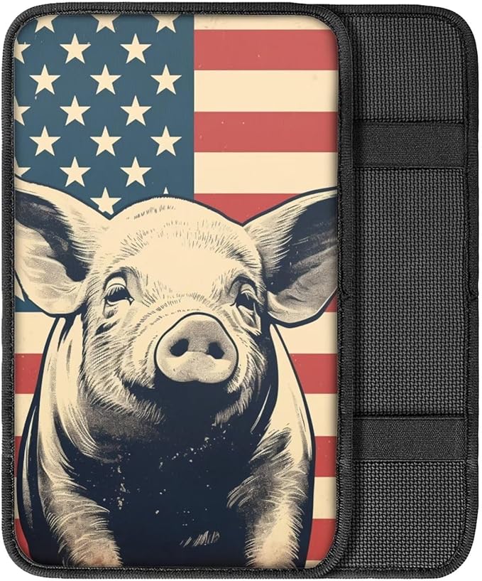 Car Center Console Pad, Universal Waterproof Car Armrest Seat Box Cover, Car Interior Accessories for Most Vehicle SUV Truck Vintage American Flag Pig Car Armrest Pad