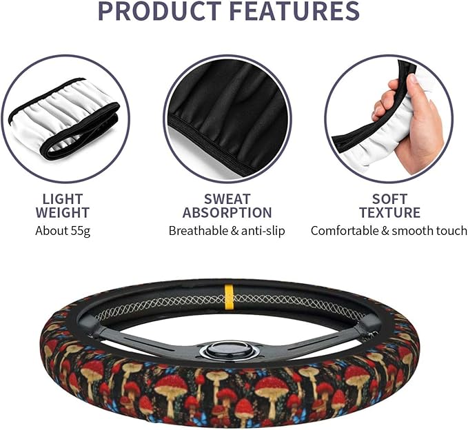 Mushrooms and Butterflies Steering Wheel Cover for Women Men Girls Car Accessories Decor Anti-Slip Neoprene Auto Steering Wheel Covers Protector Universal 15 Inch