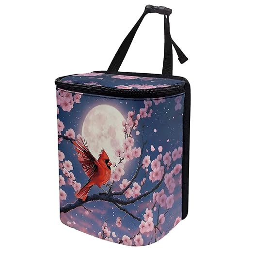 Talayituse Cardinal Moon Cherry Blossom Print Car Trash Can with Lid, Leak Proof Auto Trash Bag Hanging Vehicle Garbage Can Multipurpose Storage Container for Back Seat Road Trip