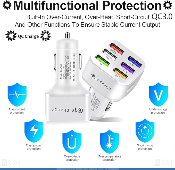 Amiss Car Charger Adapter, 6 USB Multi Port, Fast Charger, Include QC 3.0 and 5 Other Ports, Car Interior Accessories, Fit for iPhone 13/12/11/pro，Samsung Galaxy/Note S10/S9/S8 - Bright White