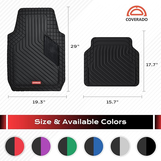 Coverado Heavy-Duty PVC Car Floor Mats Full Set – Black Metallic Heel Pad, All-Weather Protection for Front & Rear, Non-Slip Backing, Easy-to-Clean Liners, 4 Pcs