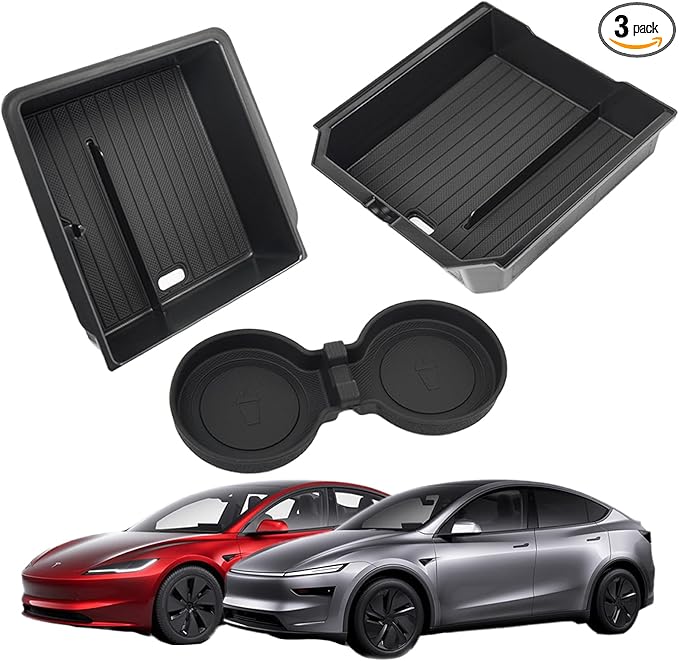 LEQEE Center Console Organizer Tray for Tesla Model Y Juniper Accessories 2025 2026 and Model 3 Highland Accessories 2024 2025 2026 for Tesla Accessories Cup Holder Matte Black (3PCS)