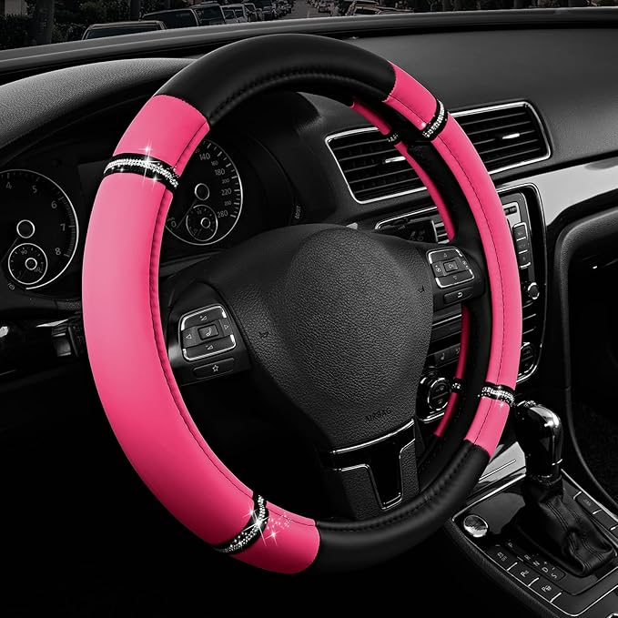 Road Comfort Leather Steering Wheel Cover – Premium Anti-Slip Car Steering Wheel Grip Cover – Universal Fit for 14.5”–15.5” Cars, Trucks & SUVs - Hotpink