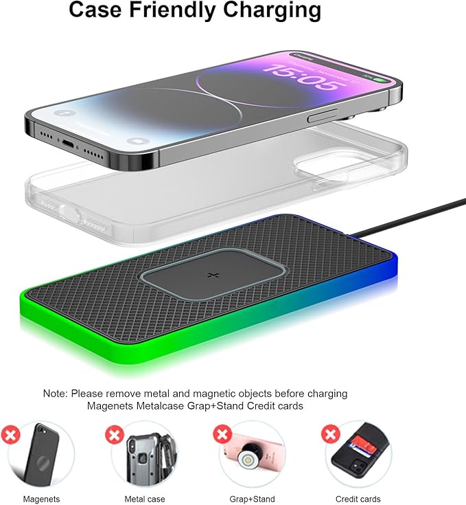 PUSOKEI Wireless Car Charger Pad, 20W Magnetic Fast Wireless Charging Mat with RGB LED Light, 30cm Cable & Cigar Lighter, Non Slip Base, for iOS & Android Phones