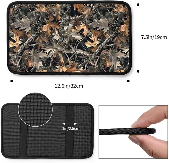 Car Center Console Cover Camo Brown Camouflage Car Armrest Storage Box Padded Cushion Hunter Hunting Fall Auto Arm Rest Cover Pad Fallen Leaves Branch Dried Leaves Car Accessories Interior