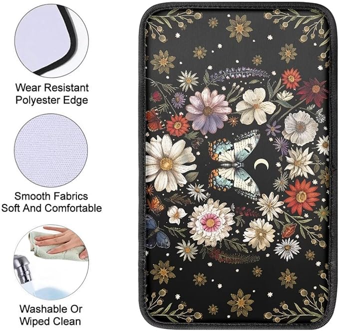 Mintutlipy Butterfly Daisy Flower Car Armrest Cover Car Arm Rest Pad Car Interior Accessories for Girls Women Dust Proof Car Center Console Protector