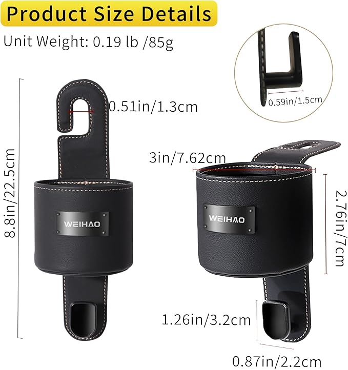 2Packs Cup Holder for Car Back Seat, Nappa Leather Storage Organizer Hook, 3 Inch Backseat Headrest Cup Holder for Car, Sedans, SUV, MPVS, Most Vehicles (Black)