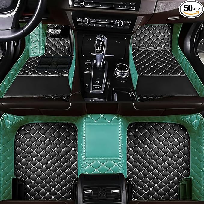 Custom Personalized Floor Mats for Cars，Luxury Full Coverage All Car Floor Mats，Anti-Slip Leather Car Mat Set ，Custom Floor Mats for 99% of Cars, Trucks & SUVs. (Light Green and Black)