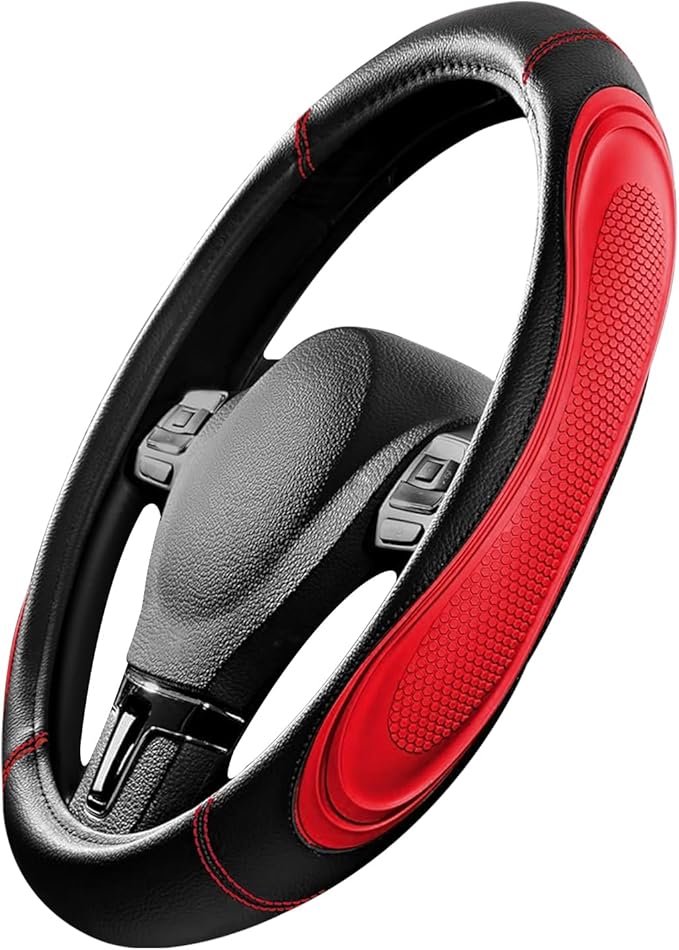 Red Film Splicing Leather Steering Wheel Cover, Microfiber Leather, Anti-Slip, Breathable, Universal Fit for 14.5–15 in Steering Wheel Cover for Men Women