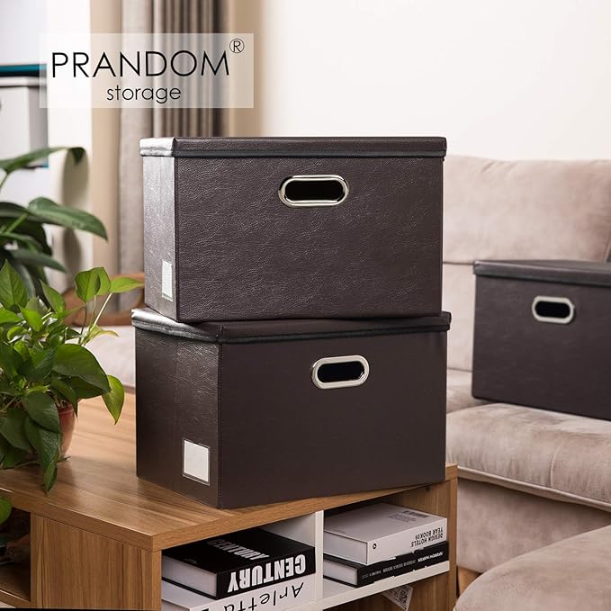 PRANDOM Foldable Storage Bins with Lids [5-Pack] Leather Fabric Collapsible Storage Boxes Organizer Containers Baskets Cube with Cover for Bedroom Closet Office Nursery Brown (14.9x10.8x10)