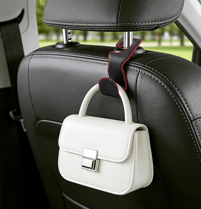 Car Seat Hooks for Purses and Bags, 4 Pack Car Purse Holder for Grocery Bag Handbag Clothes, Metal Headrest Hooks Covered by Leather, Black Red