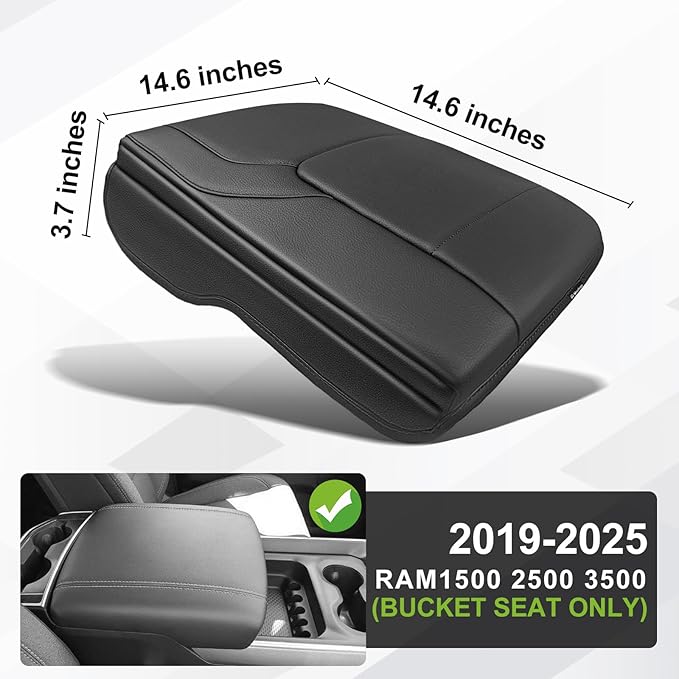 Muslogy Center Console Armrest Cover for Dodge Ram1500 2500 3500 2019-2025 Comfort Armrest Pad Arm Rest Cushion Vegan Leather Protector 1-Inch Extra Thick(Bucket Seat ONLY, NO Limited,Laramie)