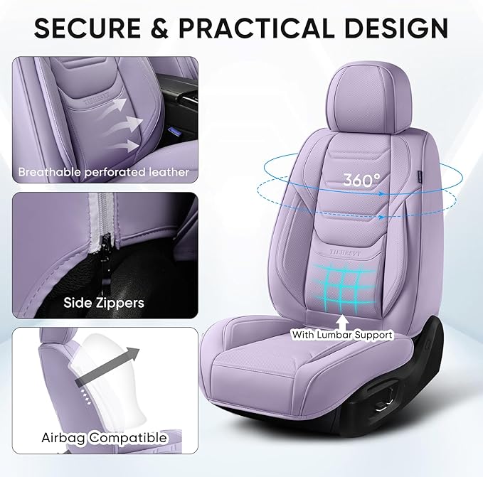 TIEHESYT Leather Car Seat Covers Full Set with Lumbar Support, Waterproof Car Seat Cover, Universal Seat Covers for Cars, Trucks, SUVs, Sedans, Airbag Compatible, Front Pair and Rear, Purple