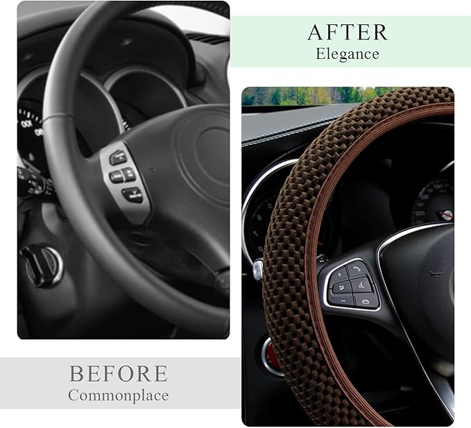 Elastic Steering Wheel Cover, 15"×15" Comfy Breathable Stretch Steering Wheel Protector, Ice-Silk Cloth Polyester Steering Wheel Cover for Men Women, Car Accessories (Brown)