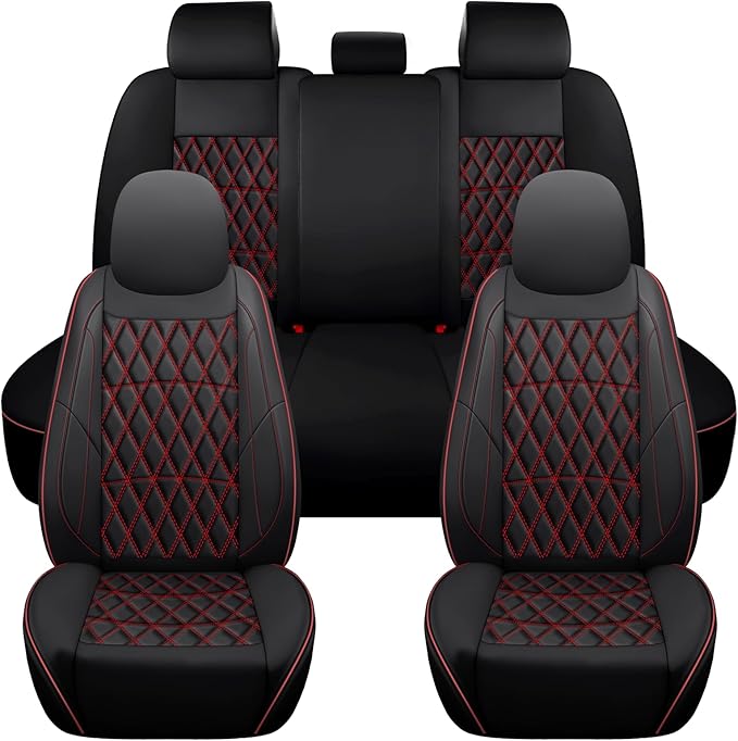 NS YOLO Leather Car Seat Covers,Universal Fit for Most Cars,SUVs and Sedans,Waterproof Luxury Leatherette Cushions, 5 Seats Protectors (Black and Red, Full Set-5 Seats(Front and Rear))
