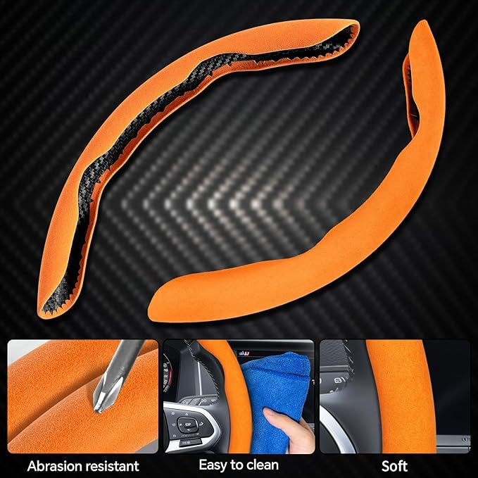 PAUUOOA 2 Piece Alcantara Steering Wheel Cover - Split Sport Design for D & O Shape Wheels, Soft Touch · Anti-Slip Grip · All Season Comfort · Durable Luxury Material for Performance Cars