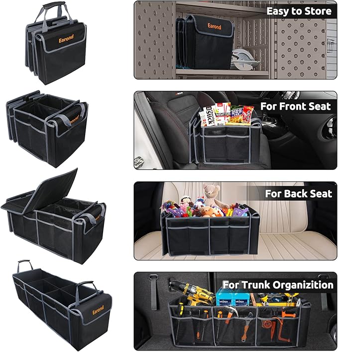 EAROND Collapsible Trunk Organizer with Insulated Leakproof Cooler Bag,Removable Lid,Adjustable Securing Straps,3 Compartments Trunk Organizer for SUV,Truck,Sedan(Grey & Black)