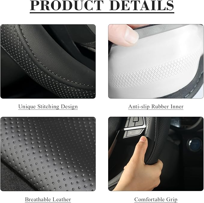 KAFEEK Steering Wheel Cover, Universal 15 inch, Microfiber Leather, Anti-Slip, Odorless, Black Lines