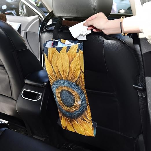 ALAZA Hanging Car Trash Bags Garbage Bag Trash Can for Back Seat Small Sunflower 2 Washable Storage Bag Retractable 2 Pack