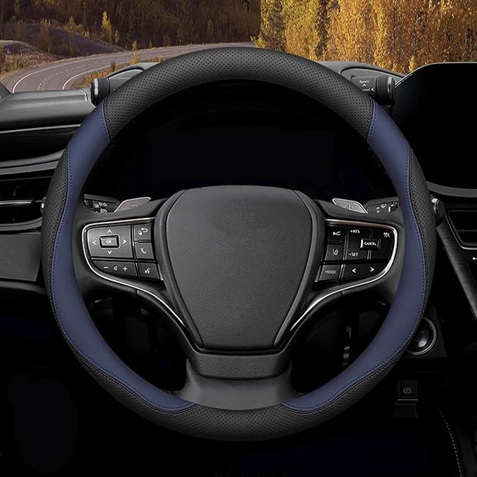 Mihecor Steering Wheel Cover Standard Size 14.5-15 inch, Breathable Microfiber Leather, Anti-Slip, Soft Grip, Fits Most Cars, SUVs, and Trucks, Black and Blue