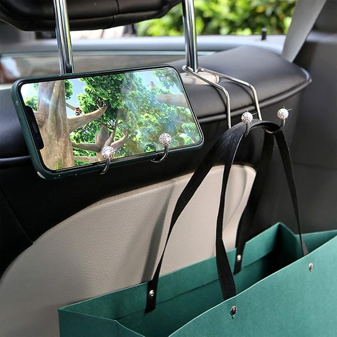 Bling Car Seat Hooks, Rhinestone Universal Organizer Hooks Car Headrest Hangers Hooks, Bag Organizers Rack and Hanger, Strong and Durable Auto Backseat Storage Hooks (A-White)