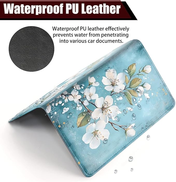 Car Registration Holder, PU Leather Vehicle Glove Box Organizer for Driver License, Document, Car Insurance Holder with Magnetic Shut, Auto Paperwork Wallet Case Accessories, White Flowers Pattern