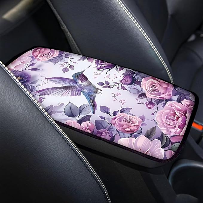 Hummingbird Purple Floral Print Auto Center Console Cover Arm Rest Cover for SUV Truck,Soft Car Arm Rest Cover Universal Fit