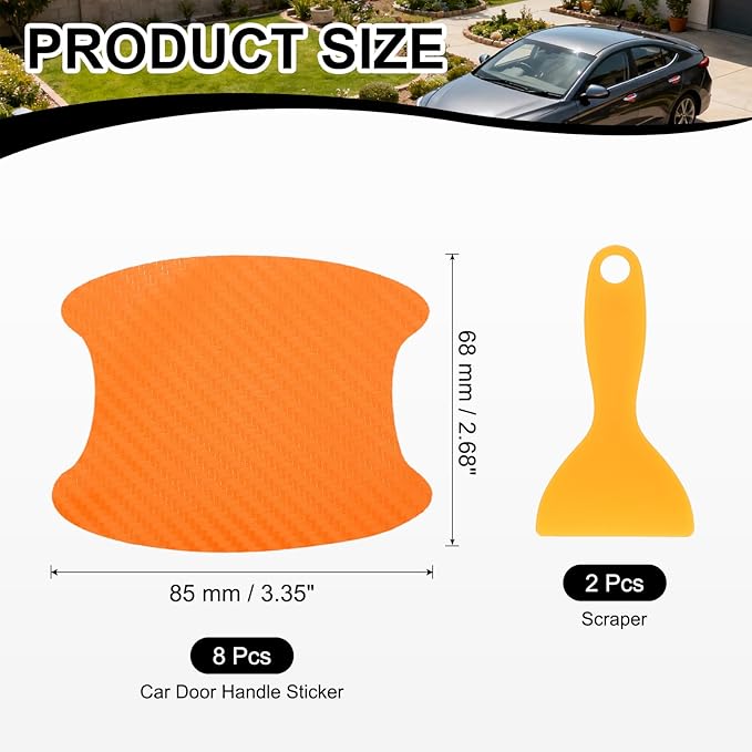 PATIKIL 2.68" x 3.35" Car Door Handle Sticker, 8Pcs Carbon Fiber Anti-Scratches Vehicle Door Cup Protector with Scraper Auto Door Handle Protective Film for Cars Trucks RV SUV, Orange