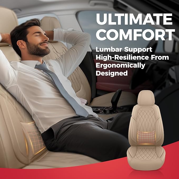 FREESOO Front Car Seat Covers - Luxury Breathable Waterproof Faux Leather Car Seat Cushion Protector with Lumbar Support, Universal Fit for Most 5 Seats Vehicles, Sedans, Hatchbacks, and Trucks, Beige